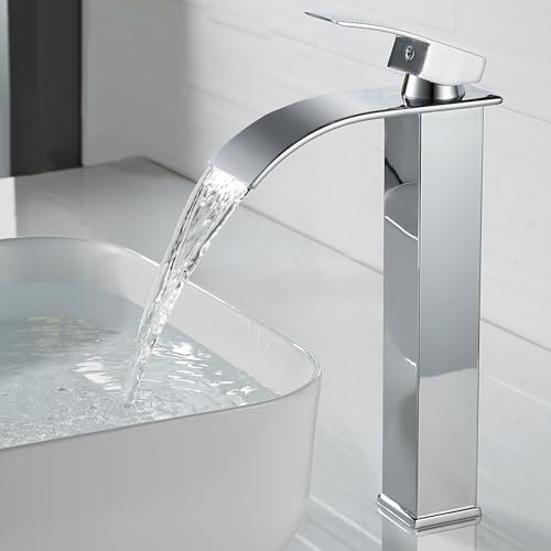 kisimixer Modern Wasserfall Wasserhahn Bad Hoch, Waschtischarmatur Hoch Wasserfall Aufsatzwaschbecken Armatur Badezimmer, Mischbatterie Waschbecken für Heißes und Kaltes Wasser, Messing Verchromt