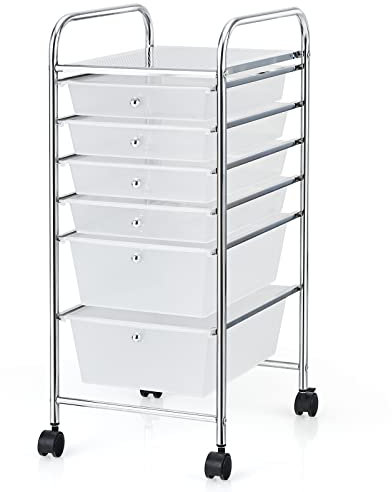 TANGZON Mobile Storage Trolley, 6 Drawers Multipurpose Rolling Cart with Lockable Wheels, Utility Trolley Unit for Home Office Organisation Stationery Beauty Salon (Clear)