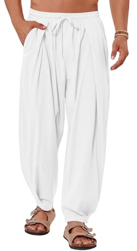Gafeng Mens Linen Yoga Pants Elastic Waist Drawstring Summer Beach Loose Fit Casual Tapered Trousers White