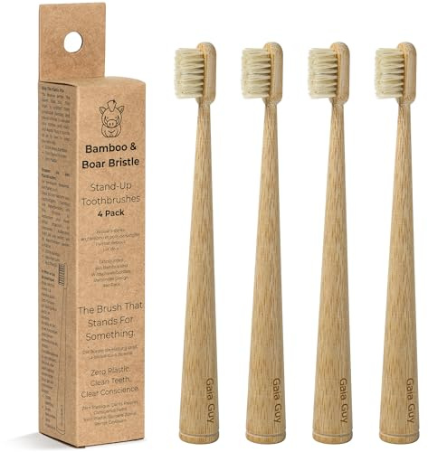 Gaia Guy Spazzolini da denti in bambù e setole di cinghiale – Confezione da 4 | Setole di cinghiale naturali | Senza plastica, manico in piedi | Minimalista e a basso spreco igiene orale