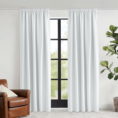 KGORGE Vardagsrumsgardiner med veckband, vita, set om 2, termiska gardiner, värmeskydd, grå-vit, 240 x 140 cm (H x B) | Gråvit, set om 2, 240 x 140 cm (H x B), termogardin mot värme för skensystem, mörkläggning, solskydd, för vardagsrum