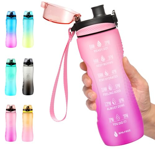 Binudum Trinkflasche Motivations Wasserflasche mit Zeitmarkierung, Sport Tritan BPA freie auslaufsichere Wasserflasche für Jugendliche, Erwachsene, Fitnessstudio (Rosa Violett, 25oz/750ml)