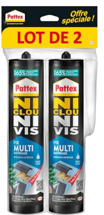 Pattex Ni Clou Ni Vis Fix Résiste à l'eau, Multi Matériaux Intérieur & Extérieur, Lot de 2 cartouches de 450 g, colle de fixation, colle forte tous supports, mastic blanc