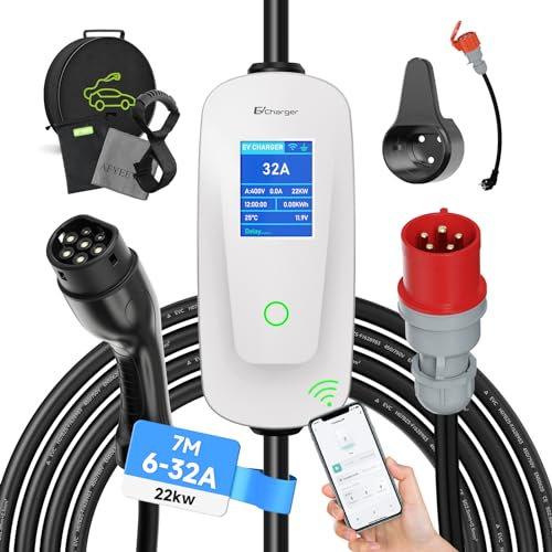 AFYEEV 7m Cavo Ricarica Auto Elettrica Tipo 2, CEE 22kW, 6-32A, Trifase, Caricatore Auto Elettrica Tipo 2 con Adattatore Schuko, con LCD Controllo Digitale, con App Controllo