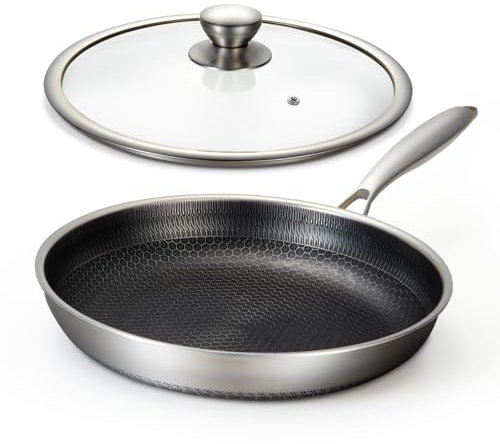 Toutrop Non Stick Frying Pans, Hybrid 12 Inch Frying Pans Nonstick with Lid, Stainless Steel Skillets Chef Cookware, PFOA Free, Works on Induction,Ceramic,Gas Cooktops and Ovens