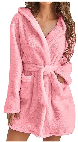 Generic Fleece Dressing Gown Women, Fluffy Short Dressing Gowns for Ladies, Super Soft Hooded Bathrobe with Pockets, Winter Velvet Warm Nightgown Loungewear Gift for Her, Size S, Color Pink