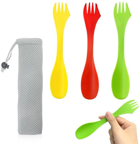 3 Pcs Plastic Spork, 3 in 1 Spork Portable Camping Cutlery Set Reusable Camping Spork Spoon Fork with Portable Pouch for Outdoors, Camping, Hiking Travel (Red&Green&Yellow)