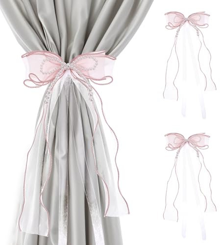2 Stück Vorhang-Raffhalter mit Schleife, Schmetterlings Vorhang Raffhalter mit Perlen Sweet Bowknot Curtain Holdbacks Rosa Vorhangbänder für Zuhause Schlafzimmer Esszimmer Hochzeitsfeier-Dekoration