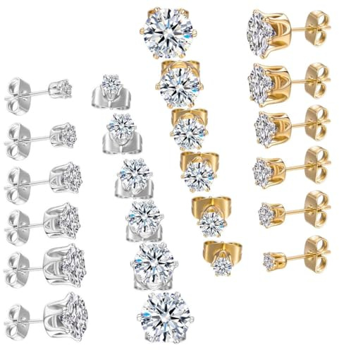 COYUN Lot de 12 paires de boucles d'oreilles en acier chirurgical et inoxydable, zircone, hypoallergéniques, unisexes