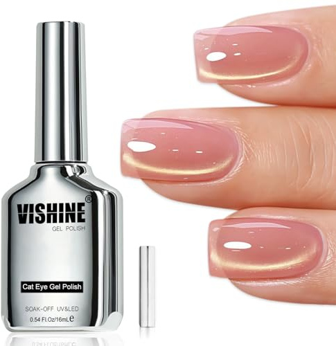 Vishine - Smalto gel per unghie, 16 ml, colore Occhi di gatto glitterato in oro, con riflessi rosa pesca e nude, gel trasparente olografico magnetico, per nail art e manicure, uso domestico, #433