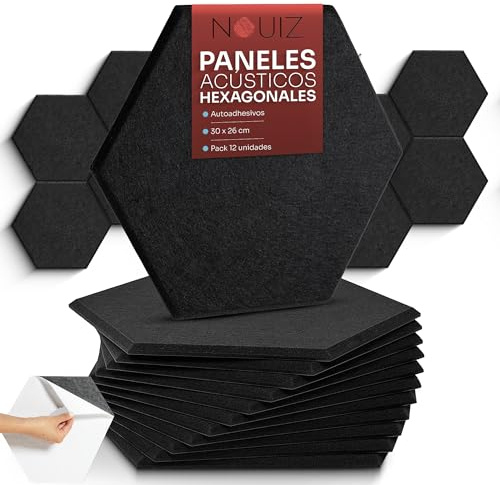 NOUIZ Paneles Acústicos Decorativos Autoadhesivos para Reducir el Eco y la Reverberación, Tratamiento Acústico Ideal para tu Habitación, Estudio u Oficina (Hexagonales 30x26cm, Color Negro, 12pc)