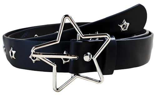 CALFOVERA 104,7 x 2,7 cm metall punkrock nitbälte PU-läder gotisk stjärna linning justerbar spike nitar gotiskt höftbälte med stjärnspänne för kvinnor jeans halloween (svart)