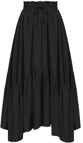NSICBMNO Black Midi Skirts for Women UK - Long, Pleated, A Line, Elasticated Waist, Tiered, Ruffle, Vintage, Pirate, Renaissance, Halloween, Party Skirt