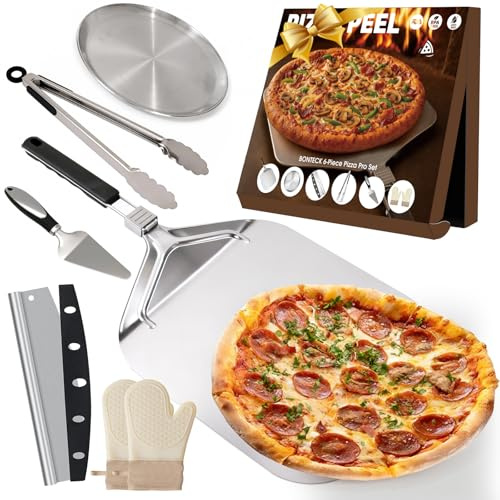 Bonteck Pizza Peel Aluminum Metal Pizza Spatula Kit | 12x14 Inch Foldable Handle Paddle | 6Pcs Pizza Oven Accessories with Rocker Cutter, Pizza Pan, Pizza Server, Oven Mitts, for Family Oven Baking