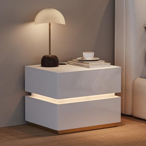 Homary Bedside Table Lumio 2-Drawer LED Smart White Nightstand, with Bedside Drawers, Built-In LED Light, USB/Type-C/Wireless Charging, Modern Cabinet