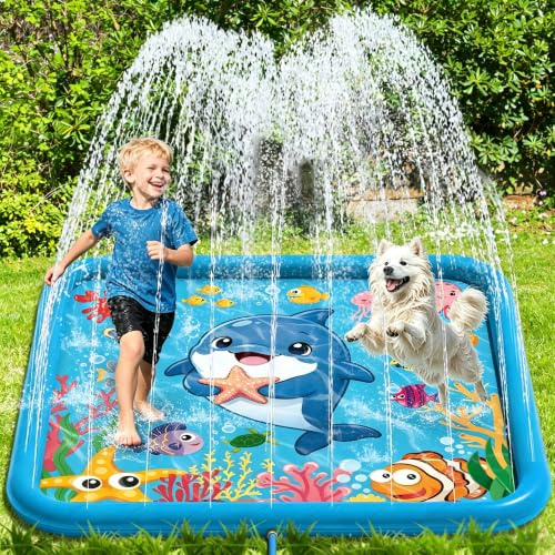 Lubibi 67'' Splash Pad For Kids Dogs, Non Slip Water Sprinkler Mat Outdoor | Ocean Animal Pattern, Thicken PVC material, Water Play toys, Dog Pool with Sprinkler for Garden Lawn, Summer Backyard Game