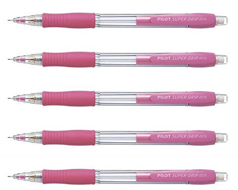 Pilot Supergrip H185 - Lote de 5 portaminas (0,5 mm, plástico, agarre, goma, color rosa