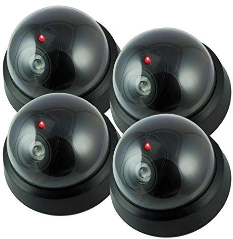 Pearl Enterprise Dummy Security Camera Fake Camera, Outdoors Dummy Dome Wireless Surveillance System with Motion Light Realistic Look with Flashing Red LED Light for Home or Business (Pack of 4)