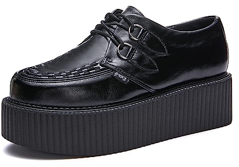 RoseG Scarpe Creepers da Donna Fatte a Mano, in Pelle Scamosciata, con Lacci, Piatte, Pelle Nera, 39 EU