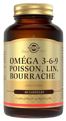 Solgar Omega 3-6-9 - Cardiovasculaire - Acides Gras - Poisson, Lin, Bourrache - Complément Alimentaire - Flacon de 60 capsules