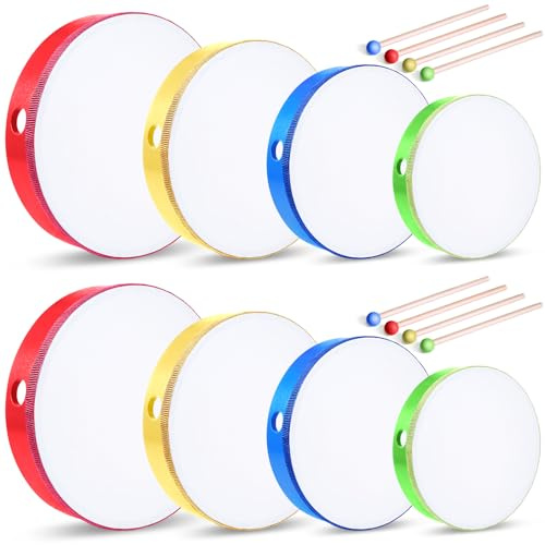 Boao 8 Pcs Hand Drums Percussion Wood Frame Drums with Stick 12 10 8 6 Inch Musical Instruments for Educational Percussion Music Adults Beginners Gifts, Multicolor