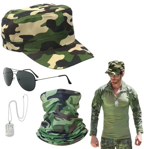 EUPSIIU 4 Stück Flieger Captain Kostüm für Männer Damen Armee Taktische Militärmütze Accessoires Hüte Camo Schal Sonnenbrille Erkennungsmarke Armee Fancy Dress für Zubehör Halloween Kostüm