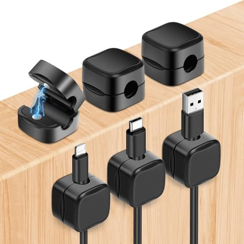 URAQT Organizadores de Cables, 6 Pcs Clips de Soporte de Cable con Magnético Duraderos, Organizador de Cables Autoadhesivo Hogar USB Cargador Oficina y Coche, Negro