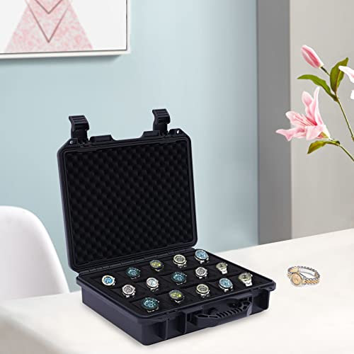Caja de almacenamiento para relojes con 15 ranuras, maletín de plástico, estuche de almacenamiento para exhibición, estuche impermeable, de viaje y almacenamiento para relojes de tamaños normales,