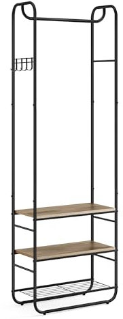 VASAGLE Garderobenständer, Garderobe, Kleiderständer, mit Schuhablage, Schuhregal, Flur, Schlafzimmer, 58 x 28 x 181 cm, skandinavisch, tintenschwarz-kamelbraun HSR081K01