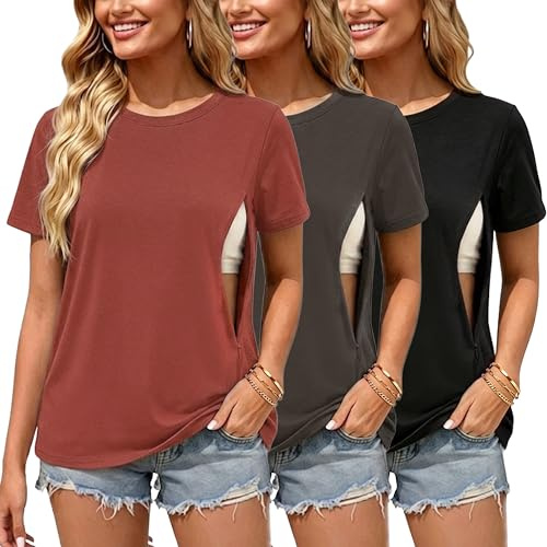 Love2Mi Lot de 3 ou 4 t-shirts d'allaitement avec fermeture éclair cachée, ouverture d'allaitement, court t-shirt d'allaitement pour femmes enceintes