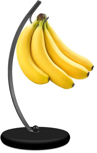 HOMKULA Banana Holder Stand - Banana Hook Hanger, Banana Tree Holder, Banana Rack for Kitchen Counter, Stainless Steel&Wooden Base (Black)