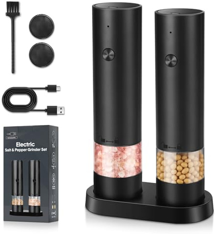 srml Electric Salt and Pepper Grinder Set, USB-C Rechargeable Automatic Pepper Mill with 4 Adjustable Coarseness, Ceramic Grind, Dust Cover and Base, One-Handed Operation Spice Set for Home & Kitchen