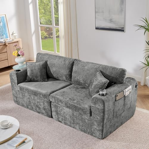 Zenithpath Sofá de 2 plazas de Chenilla para Espacios pequeños, Color Gris con Soporte para Bebidas, Bolsa para revistas y Cojines, sofá para salón, Estudio, habitación de Invitados
