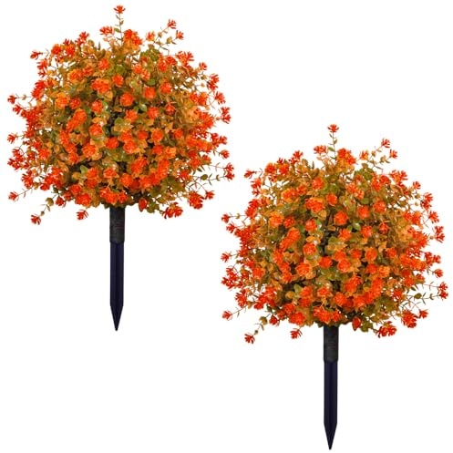 Set of 2 Artificial Ball Trees with Ground Stakes, Outdoor Artificial Flowers, Artificial Shrub Bushes, UV-Resistant, Fake Evergreen Tree for Outdoor Porches, Gardens, and Home Decor (Orange)