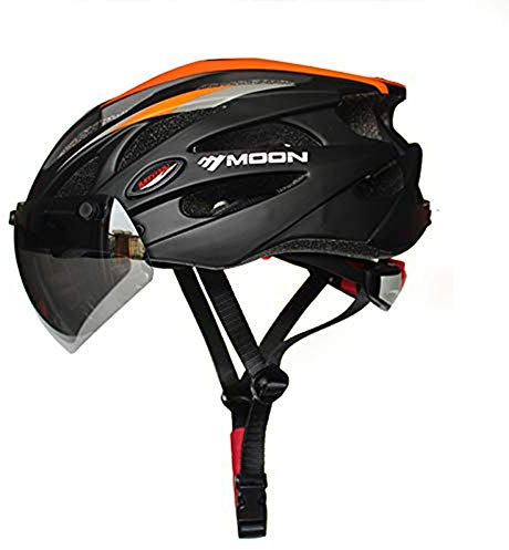 Heemtle Casque de vélo moulé de façon intégrale pour Casque de vélo de Course Ultra-léger pour Hommes et Femmes. Casque de vélo avec Lunettes magnétiques (Noir + Orange L: 58-61cm)
