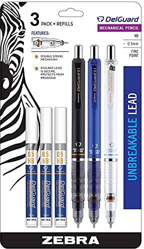 Zebra Pen DelGuard Asstd Barrel Mechanical Pencil, 0.5mm, Fine Point, 3-Pk