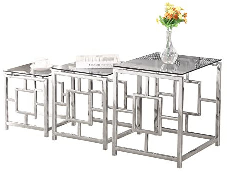 JaHECOME Satztisch 3er Set Couchtisch Beistelltisch aus Edelstahlgestell und Hartglas für Wohnzimmer modernes Design Sofatisch (Silber Graues Glas Set of 3)