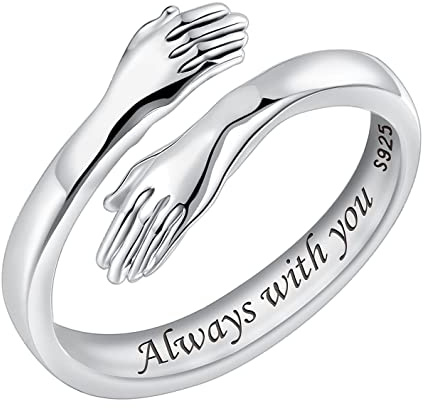 925 Sterling Silver Hug Rings for Women, I Love You Forever Love You Mother Gift Sister Gifts Engraved Words Hugging Hands Open Ring Friendship Jewelry Gift (Always with you)