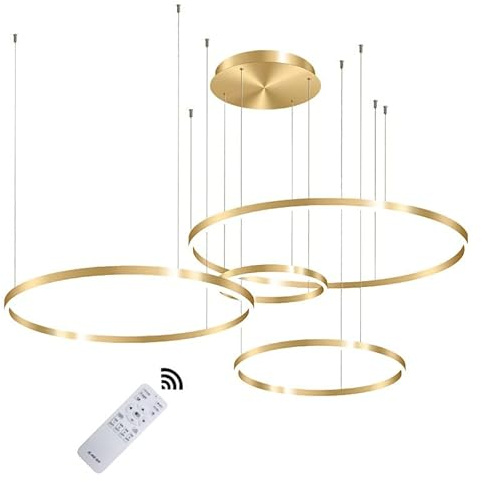 Wandun Moderna lampada a sospensione a LED, 4 anelli collezione di vernice oro, applique a sospensione a luce regolabile Lampadario a soffitto moderno, dimmerabile con telecomando 3000K-6000K - 68W (