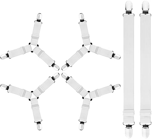 AUAUY Clip Lenzuola, Ferma Lenzuola, Regolabili Elastici 3-Modi Triangolo Lenzuolo, con Clip in Metallo per di Fissaggio Angoli Lenzuola, Coprimaterassi, Letto o Divano (6pz, Bianco, 3 Clip e 2 Clip)