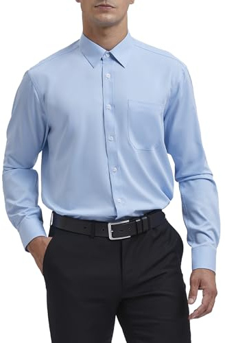 HISDERN Camisa Azul de Manga Larga para Hombre Camisa de Vestir de Negocios Camisa Informal de Ajuste Regular Camisa de Fibra de bambú sin Hierro con Bolsillo S-4XL,XL