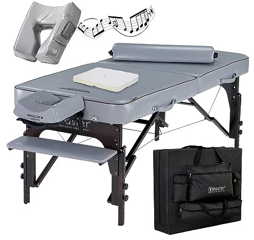 Master Massage Massageliegenpaket Klappbar Massagebank Portable Kosmetikliege Vollholz und Tragetasche Taubengrau mit Musikkissen Lautpsprecher Bluetooth, 76cm