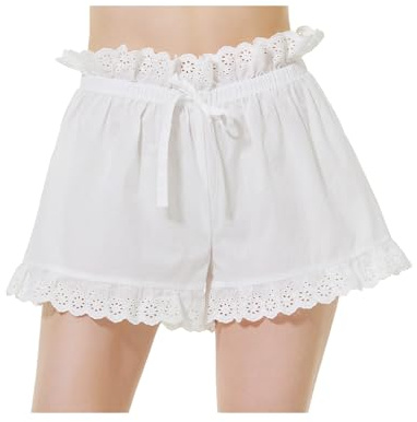 BEAUTELICATE A-Ligne Shorts Ourlet à Volants De Femme Été Culotte Bouffante en Pur Coton Court Pantalon De Pyjama Victorien Jambes Larges sous Robe avec Dentelle Blanc Brut, M