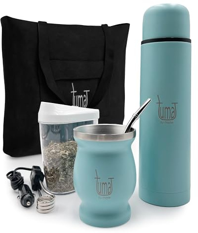 Complete Yerba Mate Kit - Includes Mate Cup, Straw (Bombilla), 750ml Thermos, Bag and two gifts (Container Yerbero and Car Immersion Heater) - Stainless Steel Yerba Mate Set (Celeste)