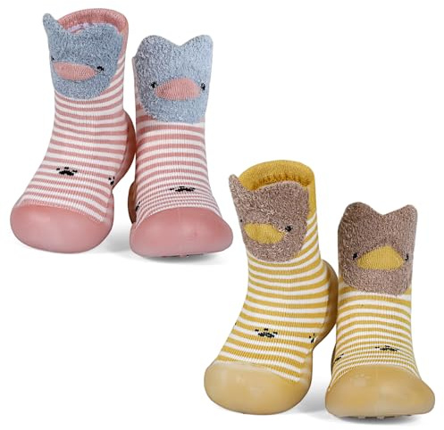 MK MATT KEELY 2 Pairs Baby Shoes Toddlers Sock Shoes Baby Boys Girls Soft Pre Walkers with Anti Slip Rubber Sole,Pink Stripe+Yellow Stripe,3-6 Months