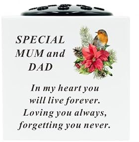 Mum & Dad White Plastic Robin Memorial Rose Bowl Flower Vase Grave Plaque Tribute Ornament