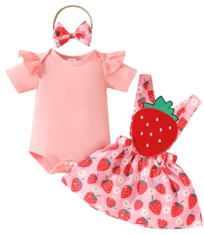 LUVCES Set di Gonne Estive per Neonata Volant Manica Corta Tutina Top +Stampa Floreale/Orso Bretelle Abito+ Fascia per Capelli 3Pcs Vestiti Completino Fragola rosa 3-6 Mesi