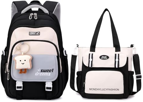 Amythe Schulrucksack Mädchen Set, Schulranzen für Mädchen der 3. bis 7. Klasse, 36L Schultasche Mädchen mit Umhängetasche, Lässiger Rucksack Teenager Daypack mit Anhängern, Schwarz