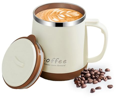 VPRO Kaffeebecher 350ml - Doppelwandiger Vakuum-Isolierbecher aus Edelstahl, Schwarz, mit Schiebedeckel und Griff (White, Khaki Base)