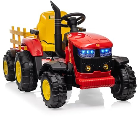 12V Tractor Eléctrico con Remolque Desmontable Coche Eléctrico, Motor Doble 35 W Control Remoto Música MP3 3 Velocidades 7 Luces LED y Bocina, Coche Eléctrico para Niños 3-6 Años